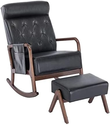 UPYOOE Nursery Rocking Chair Mid-Century Modern Chair With Ottoman Leather Arm Chair High Back with Side Pocket Comfy Glider Rocker Chair For Living Room Baby Room Bedroom (Brown PU Leather) - Image 5