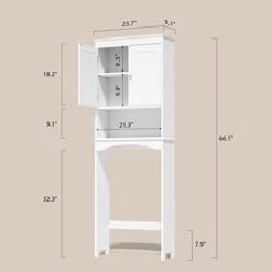 Gizoon Over The Toilet Storage Cabinet With Adjustable Shelf And Double Doors, Bathroom Space Saver Organizer Above Toilet With Open Shelf, Taller Wooden Free Standing Toilet Rack -White