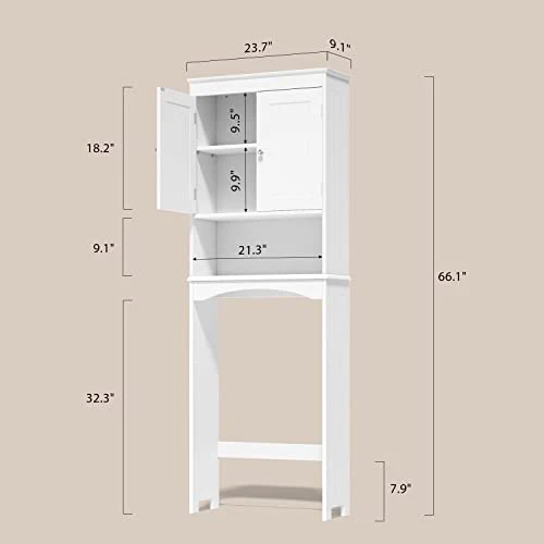Gizoon Over The Toilet Storage Cabinet With Adjustable Shelf And Double Doors, Bathroom Space Saver Organizer Above Toilet With Open Shelf, Taller Wooden Free Standing Toilet Rack -White