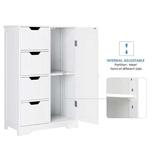 FOTOSOK Bathroom Floor Cabinet, Freestanding Storage Cabinet With 4 Drawers & 1 Cupboard, Adjustable Shelf For Bathroom Entryway Living Room, White - Image 5