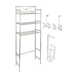 JS Jackson Supplies 3-Piece Brushed Nickel Over-The-Toilet Bathroom Organizer Set With Shelving Rack, Over-The-Door Hooks, And Freestanding Toilet Paper Holder