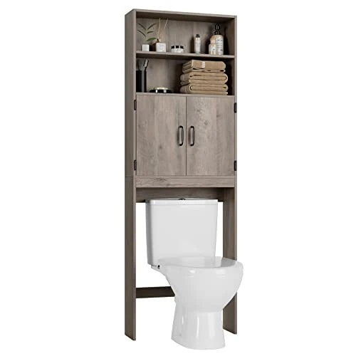 HOSTACK Over The Toilet Storage, Double Door Bathroom Organizer Toilet Cabinet, Freestanding Above Toilet Rack With Open Shelves And Adjustable Bottom Bar, 76.8 In H, Ash Gray - Image 4