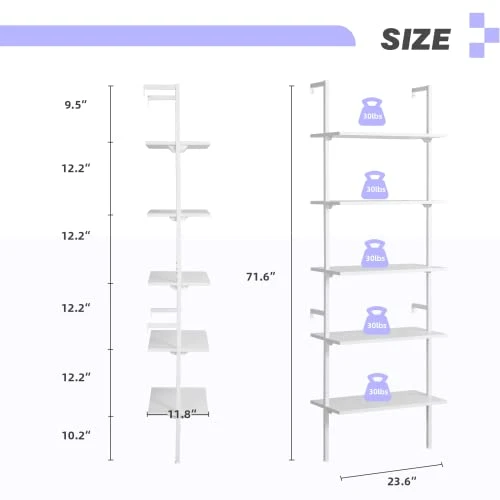 MELLCOM 5 Tier Industrial Ladder Shelf, Wood Modern Bookshelf With White Metal Frame, Wall-Mounted Plant Flower Storage Organizer For Living Room, Bathroom, Kitchen, Balcony - Image 3