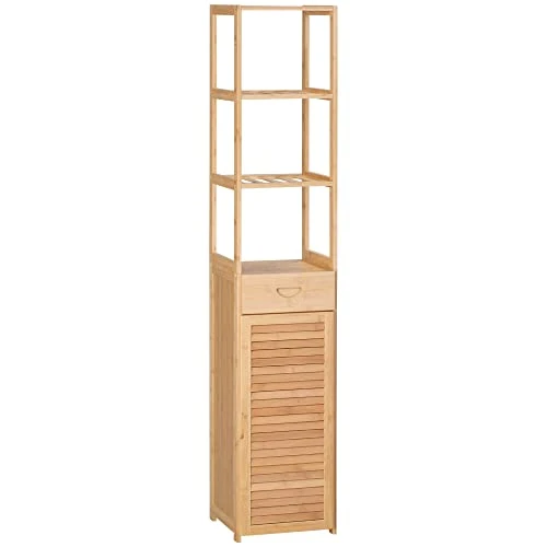 Kleankin Tall Bathroom Cabinet With Drawer And Slatted Shelves, Tall Slim Bamboo Linen Tower Freestanding Linen Towel With Louvered Door, Natural