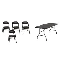 Cosco Vinyl 4-Pack Folding Chair, Black & Cosco Deluxe 6 Foot X 30 Inch Fold-in-Half Blow Molded Folding Table, Black