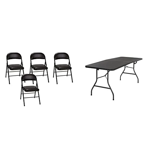 Cosco Vinyl 4-Pack Folding Chair, Black & Cosco Deluxe 6 Foot X 30 Inch Fold-in-Half Blow Molded Folding Table, Black