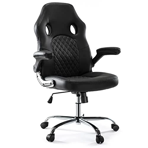 Gaming Chair - Ergonomic Office Chair Desk Chair With Flip-up Armrests And Lumbar Support PU Leather Executive Mid Back Computer Chair For Adults Black