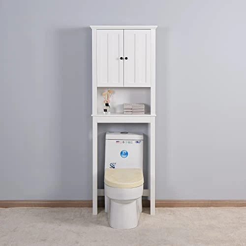 Dithoko Over The Toilet Storage Organizer, Double-Door Bathroom Storage Cabinet, Bathroom Space Saver Shelves, Over The Toilet Cabinet With Open Storage Shelf, White - Image 2