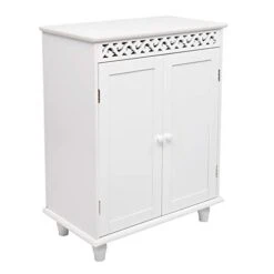 Carved Double Door Cabinet, Bathroom Storage Floor Cabinet Free Standing With Double Door,White