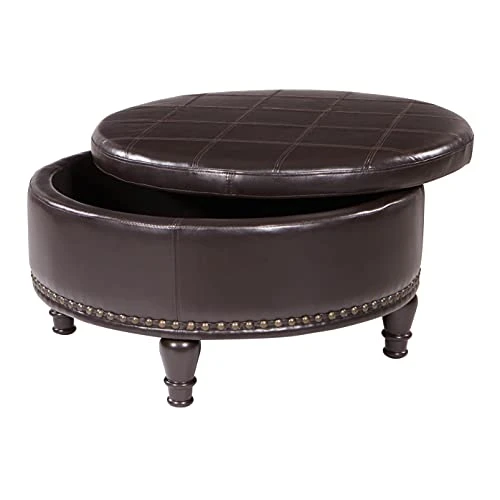 OSP Home Furnishings Augusta Round Storage Ottoman With Decorative Nailheads And Flip Over Lid With Serving Tray Surface, Espresso Faux Leather - Image 3