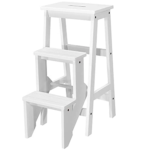 DORTALA 3 Tier Folding Step Stool, Rubber Wood Multifunctional Ladder Chair Bench, Portable Utility Seat, Flower Rack, Light Weight Design, 353 Lbs Capacity, Ideal For Library, Home, White