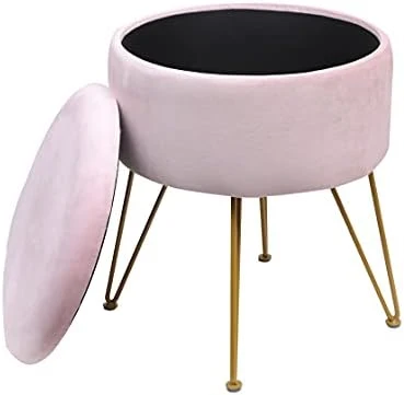 Ubrand Ottoman Velvet Storage Footrest Stool Round Dressing Upholstered Vanity Chair,Makeup Footstool With Golden Metal Legs Non-Slip Mats For Living Room And Bedroom-Pink - Image 5
