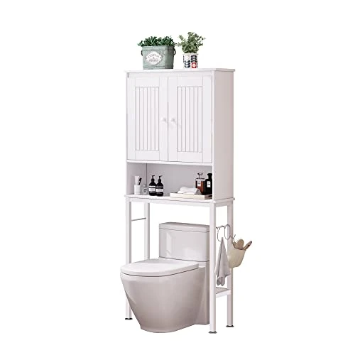 DMIDYLL Over The Toilet Storage Cabinet With Double Doors And Adjustable Shelves, Bathroom Storage Cabinet Over The Toilet, Toilet Organizer, White Wood