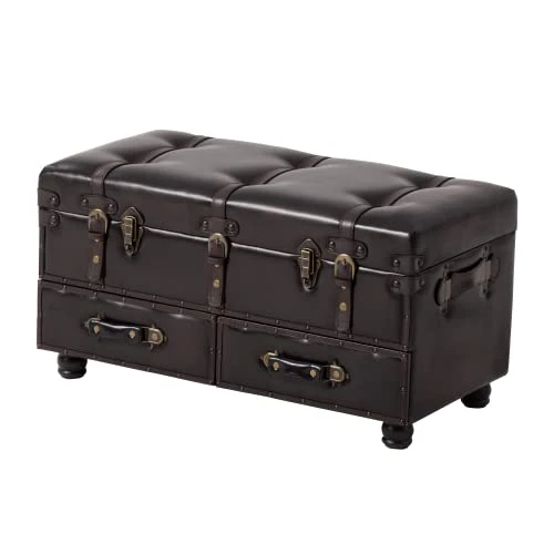 LONYKE Vintage Treasure Chest Bench With Latch Closure And Buckle Trunk, Farmhouse Faux Leather Storage Ottoman Bench For Living Room, Entryway, Bedroom, Sponge Padded ,Black Brown - Image 5
