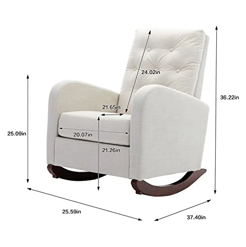 Modern Accent Rocking Chair, Upholstered Nursery Glider Rocker For Baby And Kids, Comfy Armchair With Side Pocket, Living Room Lounge Arm Chair, High Backrest With Decorative Buttons, Off White - Image 3