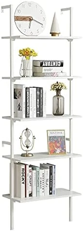 MELLCOM 5 Tier Industrial Ladder Shelf, Wood Modern Bookshelf With White Metal Frame, Wall-Mounted Plant Flower Storage Organizer For Living Room, Bathroom, Kitchen, Balcony - Image 9