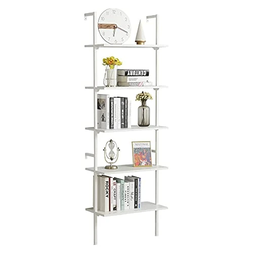 MELLCOM 5 Tier Industrial Ladder Shelf, Wood Modern Bookshelf With White Metal Frame, Wall-Mounted Plant Flower Storage Organizer For Living Room, Bathroom, Kitchen, Balcony