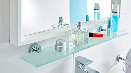 Tesa SMOOZ Glass Bathroom Shelf - No Drill Shelf Made Of Satined Glass And Chrome-Plated Metal - Stainless - Waterproof - Includes Removable Adhesive Solution, 121 Mm X 600 Mm X 50 Mm - Image 5