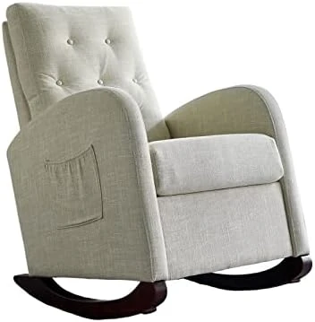 Nursery Rocking Chair,Upholstered Fabric Accent Armchair,Wooden Padded Seat With 2-Side Pocket,Nursing Chair With Rubber Wood Legs,Glider Chair For Nursery,Living Room,Home Office (White Line) - Image 9