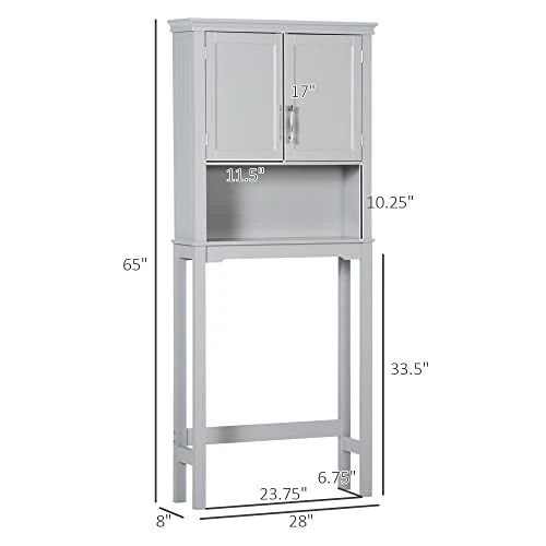 Kleankin Modern Over The Toilet Storage Cabinet, Double Door Bathroom Organizer With Inner Adjustable Shelf And Open Shelf, Grey - Image 2