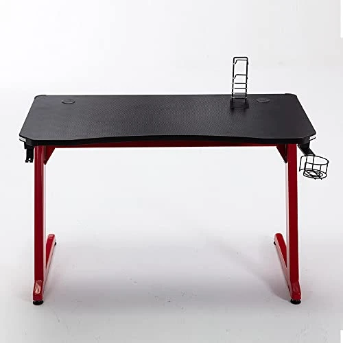 MNSSRN 47" Gaming Table, Carbon Fiber Surface Gaming Table Red Z Shape Gaming Table With Cup Holder, Headphone Hook Cable Management Gaming Table - Image 3