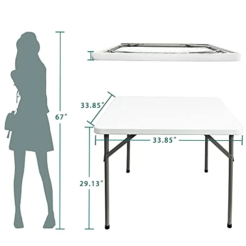 5566 34 Inch Square Plastic Folding Table, Indoor Outdoor Card Playing And Game Puzzles Crafting Dining Table, For Picnic, Party, Camping, BBQ, Granite White.