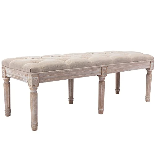 Chairus Fabric Upholstered Entryway Ottoman Bench - Classic Bedroom Bench With Rustic Wood Legs - Beige