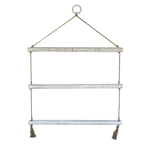 Foreside Home & Garden Hanging Blanket Ladder White Wood & Jute