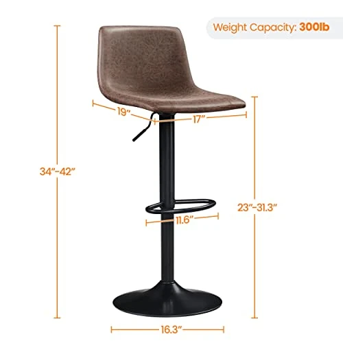 Yaheetech BarStools Modern Design Bar Stools Urban Industrial PU Leather Armless Chair Adjustable Height Swivel For Bar Counter Kitchen Set Of 4, Brown - Image 3