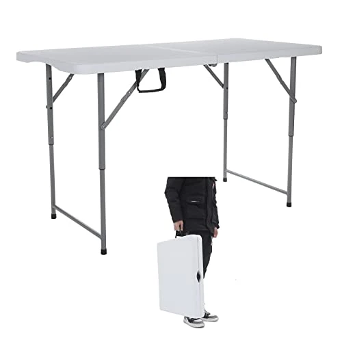 Lakhow 122CZ Folding Tables Camping Table 4FT Adjustable Height( 49/61/74CM) Portable Dining Table Party,Height Adjustable Craft Camping And Utility Folding Table,White Granite