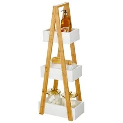 MDesign Leaning A-Frame 3-Tiered Triangle Shelf For Bathroom, Free-Standing Wood Ladder Storage Rack Room Decor Shelves, Decorative Organizer Bins For Towels, Hand Soap, Toiletries, White/Natural