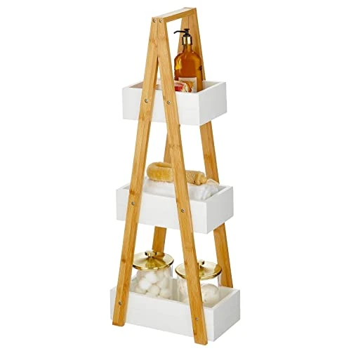 MDesign Leaning A-Frame 3-Tiered Triangle Shelf For Bathroom, Free-Standing Wood Ladder Storage Rack Room Decor Shelves, Decorative Organizer Bins For Towels, Hand Soap, Toiletries, White/Natural