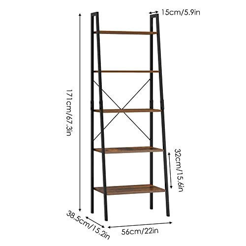 SOMY Industrial 5 Tier Ladder Shelf, Vintage Storage Bookshelf With Metal Frame Multifunction Plants Flower Stands Display Rack For Garden, Hallway, Office, Living Room Rustic Brown - Image 2