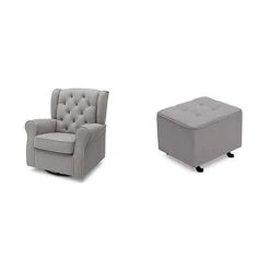 Delta Furniture Emerson Glider Swivel Rocker Chair With Tufted Gliding Ottoman, Dove Grey With Soft Grey Welt