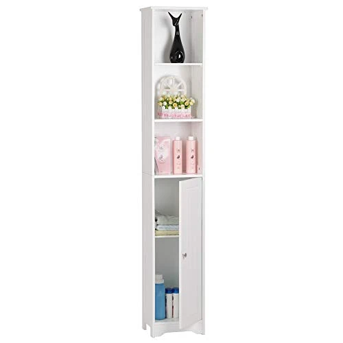 Holyfly Bathroom Tall Cabinet, 3 Layer Freestanding Linen Tower With One Door & Five Layer, Adjustable Shelves, 11.81 X 9.45 X 66.93 Inches, For Bathroom, Living Room, Kitchen, White