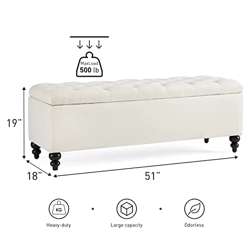 HUIMO Button-Tufted Ottoman With Storage In Upholstered Fabrics, Large Storage Bench For Bedroom, Living Room, Entryway, Storage Ottoman Bench With Safety Hinge Hold Up To 300lbs (Ivory) - Image 2