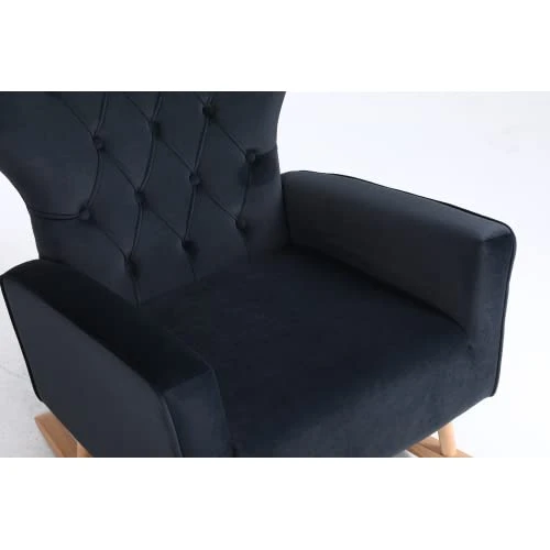BOMENG Mid Century Modern Velvet Upholstered Rocking Chair Padded Seat Glider Rocker With High Backrest,Upholstered Rocking Chair For Living Room Bedroom,Lounge,Black - Image 4