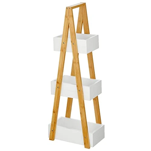 MDesign Leaning A-Frame 3-Tiered Triangle Shelf For Bathroom, Free-Standing Wood Ladder Storage Rack Room Decor Shelves, Decorative Organizer Bins For Towels, Hand Soap, Toiletries, White/Natural - Image 4