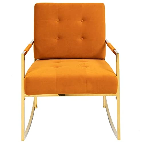 Velvet Accent Rocking Armchair, Modern Uplostered Tufted Nursery Glider Rocker With Armrest And High Backrest, Comfy Side Armchair For Living Room Apartment Bedroom Office (Orange) - Image 3