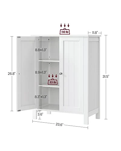 VASAGLE Bathroom Floor Storage Cabinet, Bathroom Storage Unit With 2 Adjustable Shelves, Bathroom Cabinet Freestanding, 11.8 X 23.6 X 31.5 Inches, White UBCB60W - Image 3