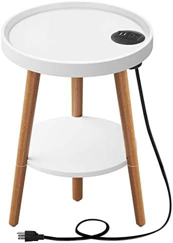 GREENSTELL End Table With Charging Station, Round Side Table With Storage Shelf, USB Ports And Anti-Drop Fence, 2-Tier Small Nightstand Sofa Table For Living Room, Bedroom White 15.0*15.0*20.4inches - Image 11