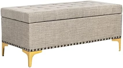 Asense Linen Fabric Rectangle Tufted Lift Top Storage Ottoman Bench, Footstool With Solid Wood Legs Upholstered Storage Bench (Noble Beige) - Image 4