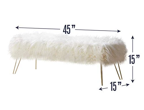 Ornavo Home Modern Contemporary Faux Fur Long Bench Ottoman Foot Rest Stool/Seat With Gold Metal Legs - 15" L X 45" W X 15" H (White) - Image 2