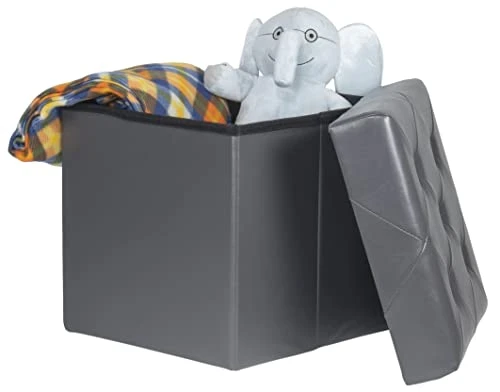 Red Co. Faux Leather Folding Cube Storage Ottoman With Padded Seat, 15" X 15" - Charcoal - Image 2