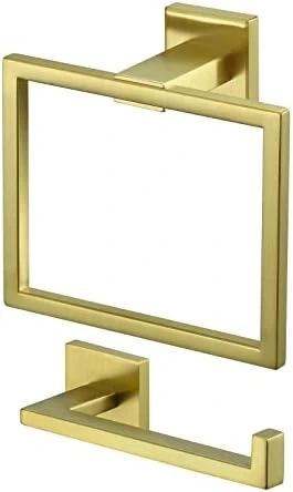 KES Gold Bathroom Hardware Set 2 Pieces, Toilet Paper Holder And Towel Ring Square Wall Mount, SUS304 Stainless Steel Brushed Gold, LA225BZ-22 - Image 8