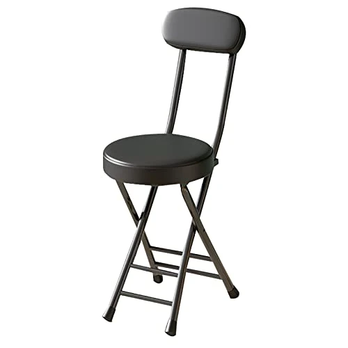 QQXX 18 Inch Folding Stool With Backrest,Portable Collapsible Short Bar Stool Leather Padded Seat,Round Foldable Stool Outdoor/Indoor Camping Kitchen Cafe(Seat Height 18", Black)