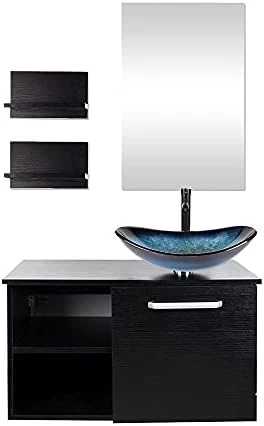 Puluomis Wall Mounted Bathroom Vanity, Double Wood Side Shelves With Mirror, 1-Door And 2-Shelves, Black Finish, 28-Inch - Image 11