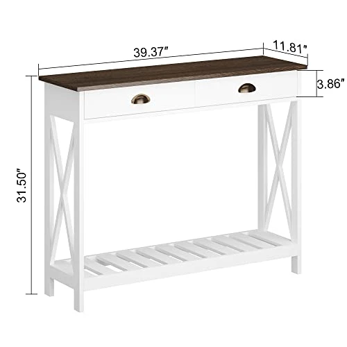 ChooChoo Farmhouse Console Table With Drawer For Entryway, Narrow Long Entry Table With Shelf For Living Room, Rustic Vintage Hallway Sofa Table With Stable X Supports, 40 White - Image 2