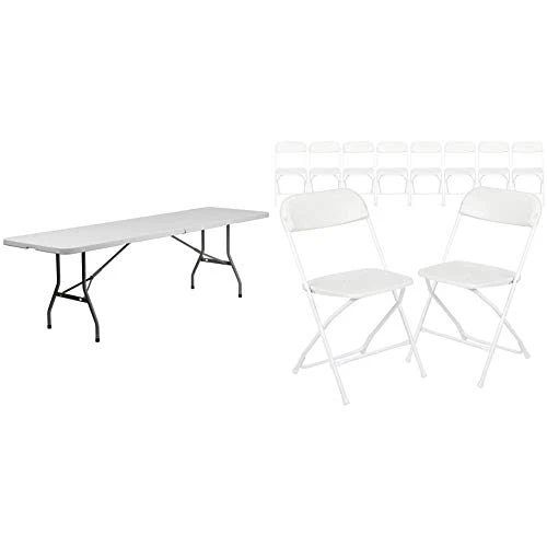 Flash Furniture 8-Foot Bi-Fold Granite White Plastic Banquet And Event Folding Table With Carrying Handle & 10 Pack Hercules Series 650 Lb. Capacity Premium White Plastic Folding Chair