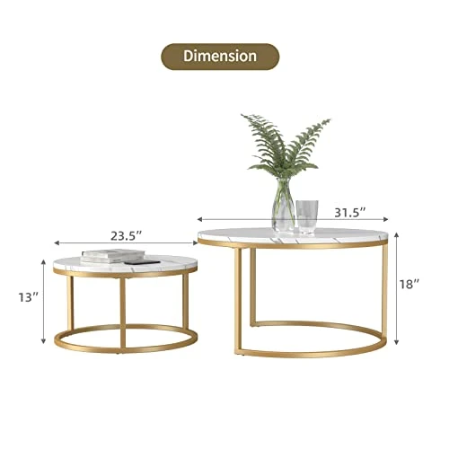 Knowlife Modern Nesting Coffee Table Round, Golden Color Frame With Wood Top For Small Space And Living Room, 32β - Image 2